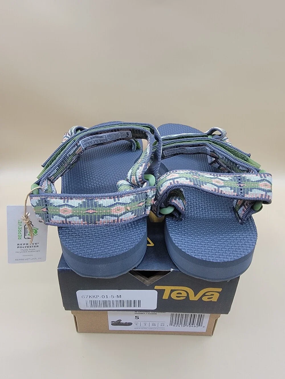 Teva Original Universal Women's Sandals Size 5 Green Gray Peach Strap New w/Box
